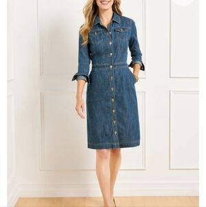 TALBOTS Denim Classic Shirtdress Delmar Med Wash Preppy Size 6 Petite NWT
